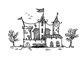 Kingdom castle doodle, a hand drawn vector doodle illustration of a castle with trees