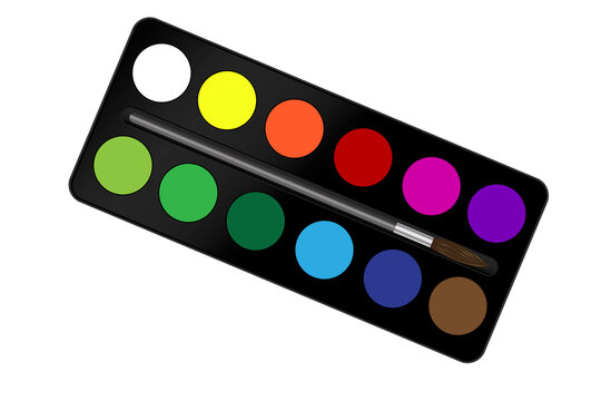 Set of color paints in a box. Isolated paintbox for watercolor drawings. A palette for creative art. Vector image.