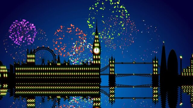 Happy New Year! Night life fireworks animation of six city, London, Paris, Delhi, Agra, New York, Rio, Sydney.