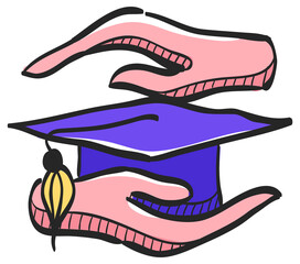 Hand holding diploma icon in color drawing. Education school protection security graduate diploma insurance