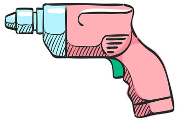 Electric drill icon in color drawing. Machine carpenter tool equipment wood working