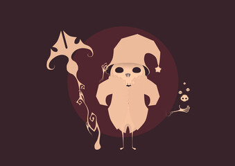 Illustration of skull angel wear a Halloween hat and hold a sceptre by floating hands at night. Fantasy cartoon style. (Purple & Orange)