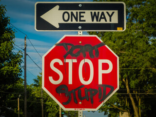 Defaced stop sign with one-way sign above it