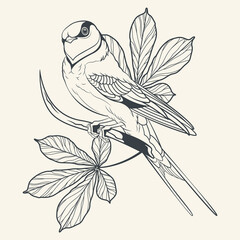 Swallow Bird and Chestnut Leaves Vector Drawing, Tattoo Design Style Art