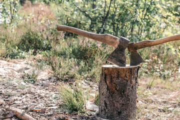 two axes in the stump. firewood for a bonfire. outdoor recreation. tourist weekends
