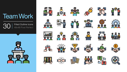 Team work icons. Business success concept of teamwork partnership. Filled outline design.