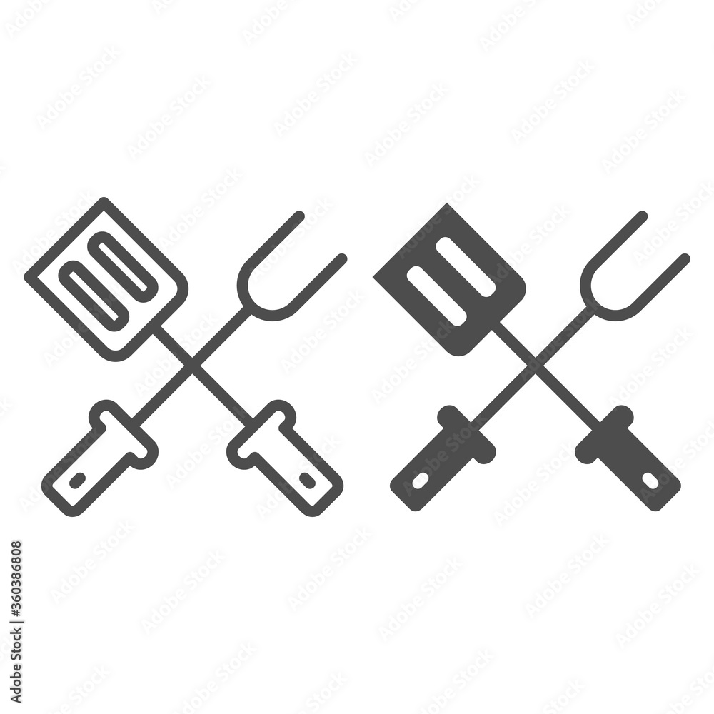 Poster BBQ spatula and fork line and solid icon, picnic concept, Grill Tools sign on white background, Barbecue fork with spatula icon in outline style for mobile concept and web design. Vector graphics.