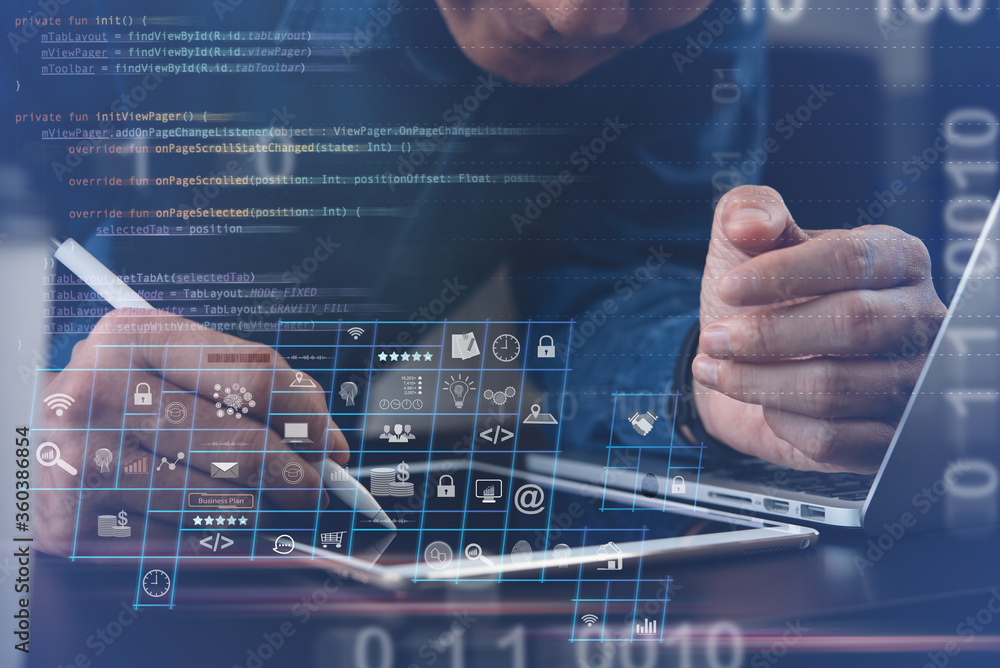 Poster digital software technology and application development for business intelligence concept