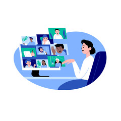 A woman staying home meeting up with work team or friends online via conference video call