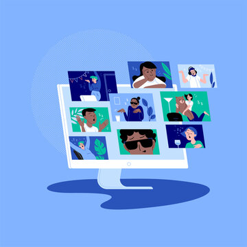 Diverse people dancing and chatting on the online conference house party. Friends meeting up online. Party from home via videocall. Monitor screen