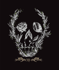 Vector illustration of skull formed by flowers and branches and leaves.
