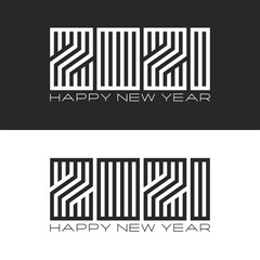 Happy New Year logo 2021 creative monogram number and black and white lines, minimalist style linear emblem, design element for typography greeting card or calendar emblem