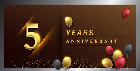 5th years anniversary celebration logotype. anniversary logo with golden color, balloon and confetti isolated on elegant background, vector design for celebration, invitation card, and greeting card