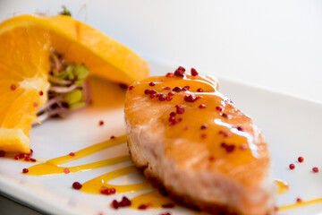 Salmon dish on a white background