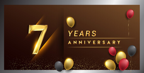 7th years anniversary celebration logotype. anniversary logo with golden color, balloon and confetti isolated on elegant background, vector design for celebration, invitation card, and greeting card