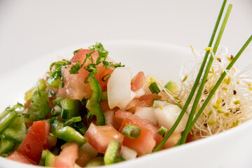 A plate of tomato and cheese salad on a white background