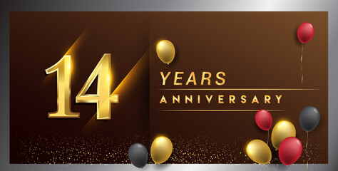 14th years anniversary celebration logotype. anniversary logo with golden color, balloon and confetti isolated on elegant background, vector design for celebration, invitation card, and greeting card