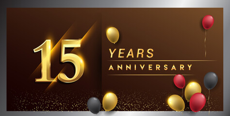 15th years anniversary celebration logotype. anniversary logo with golden color, balloon and confetti isolated on elegant background, vector design for celebration, invitation card, and greeting card