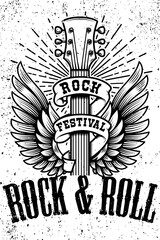 Rock and roll poster template. Winged guitar on grunge background. Design element for logo, emblem, card,banner, t-shirt. Vector illustration