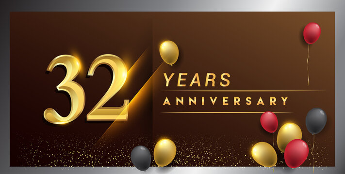 32nd years anniversary celebration logotype. anniversary logo with golden color, balloon and confetti isolated on elegant background, vector design for celebration, invitation card, and greeting card