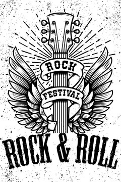 Rock and roll poster template. Winged guitar on grunge background. Design element for logo, emblem, card,banner, t-shirt. Vector illustration