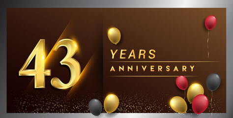 43rd years anniversary celebration logotype. anniversary logo with golden color, balloon and confetti isolated on elegant background, vector design for celebration, invitation card, and greeting card