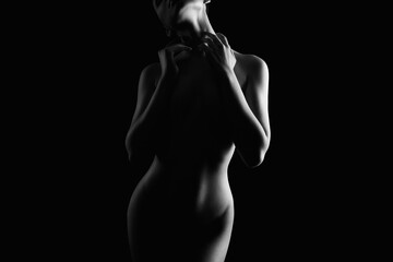 Nude Woman silhouette in the dark. Beautiful Naked Body