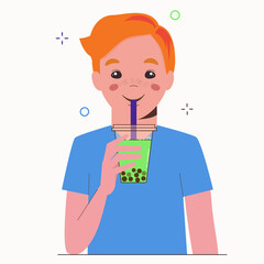 Young man drinks bubble milk tea or pearl milk tea. Taiwanese famous and popular drink with tapioca black pearls. Flat cartoon illustration isolated on white background.