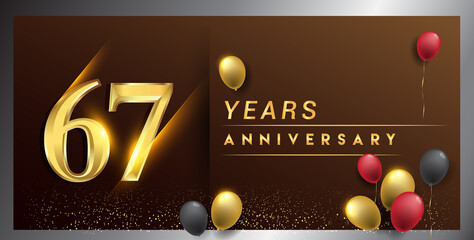 67th years anniversary celebration logotype. anniversary logo with golden color, balloon and confetti isolated on elegant background, vector design for celebration, invitation card, and greeting card
