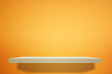 Front view of empty shelf and yellow wall background with modern minimal concept.