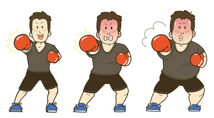 ボクササイズでダイエットする男性。体型の変化のイラスト。