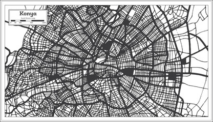 Konya Turkey City Map in Black and White Color in Retro Style. Outline Map.