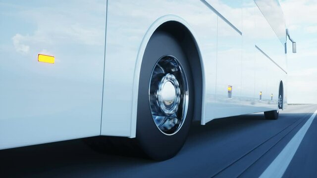 tourist white bus on the road, highway. Very fast driving. Touristic and travel concept. realistic 4k animation.