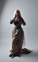 Fototapeta premium full length portrait of girl wearing old torn wedding dress. standing pose with rim lighting on a grey studio background.