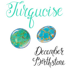 December birthstone Turquoise isolated on white background. Realistic illustration of gems drawn by hand with colored pencils.