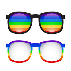 Set of sun glasses with a rainbow background on the rim and glasses. Lgbt love. Pride month. Summer vector objects for cards, banners and your creativity.