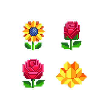 Flowers pixel art icons set, sunflower, rose and lotus. Element for the design of the greeting card International Women's Day, Mother's Day. Logo of the flower shop or spa. Isolated vector.