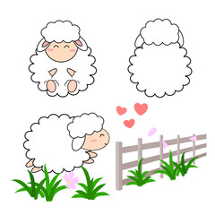 Little cute funny sheep vector cartoon character jump over the fence