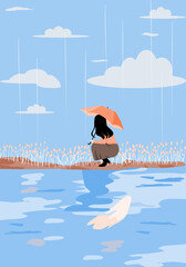 Cute lonely girl  cartoon character vector hold orange umbrella sitting on waterfront reflex her shadow on the river. Blue sky blue river.