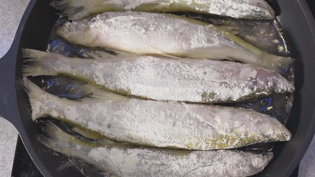 Large smelt is fried in oil in a black pan. Fish sprinkled with flour. Close-up
