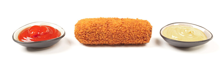 Brown crusty dutch kroket with sauces (mustard and ketchup) isolated