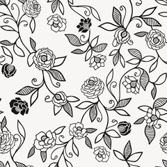Black and white folk roses seamless floral pattern vector background for fabric, wallpaper, scrapbooking projects or backgrounds.