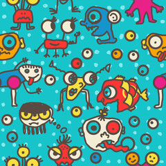 Seamless colorful monsters pattern on vibrant background. Cartoon vector illustration 