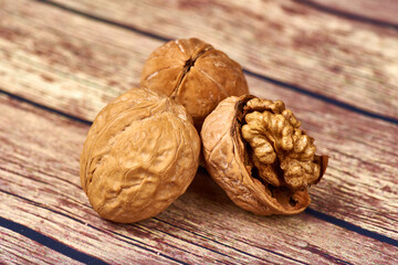 Walnuts on a wooden table