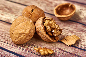 Walnuts on a wooden table