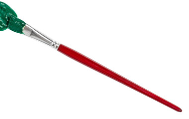 flat paint brush with green colored tip in blot and brown handle isolated on white background