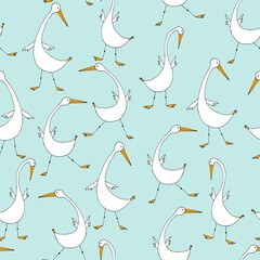 Cute geese seamless pattern, cartoon hand drawn Geese doodles vector background Illustration. Funny print for clothes child..