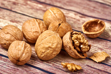 Walnuts on a wooden table