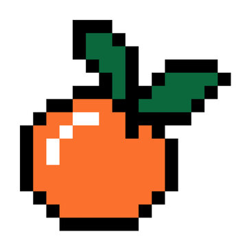 8 bit Pixel orange fruit image. Fruit in Vector Illustration of pixel art.