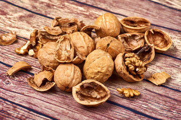 Walnuts on a wooden table